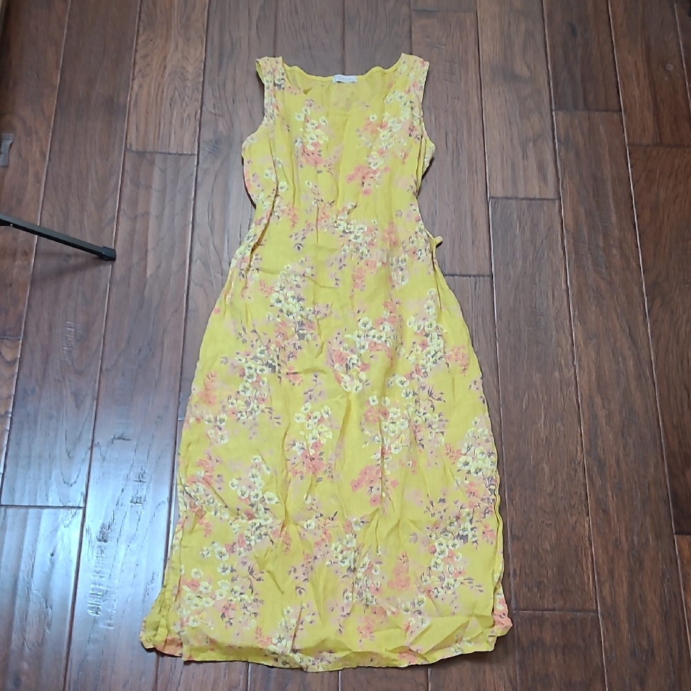 Bellambra 100% Italian Linen Sleeveless Yellow/Golden Floral Midi Dress size S